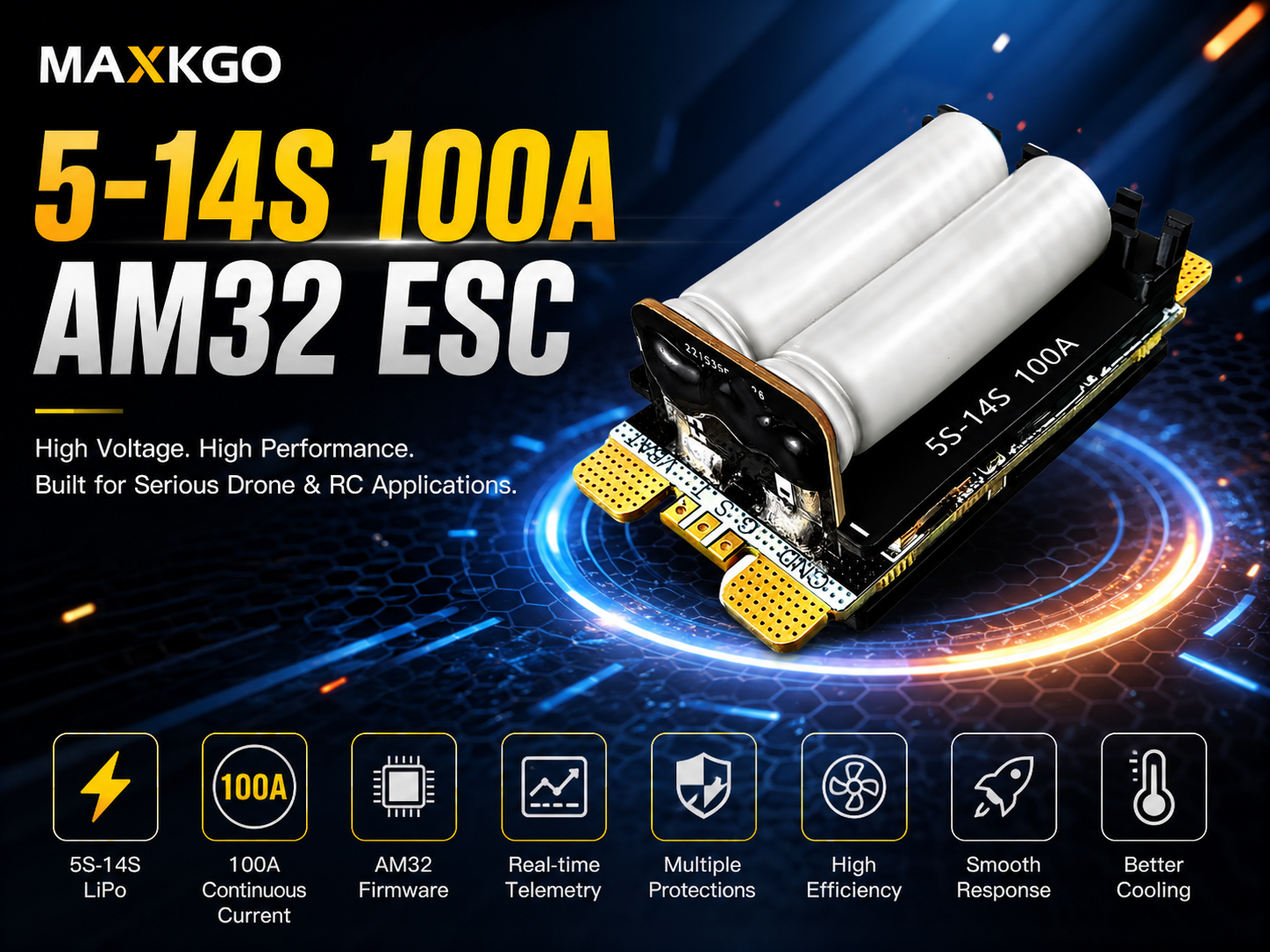MAXKGO 5-14S 100A AM32 ESC: Built for High-Voltage Drone Power Systems in 2026