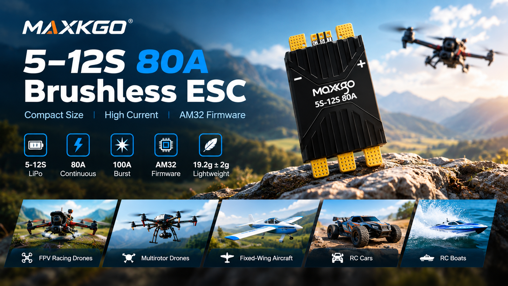 MAXKGO 5–12S 80A Brushless ESC: Compact High-Current Performance for FPV and RC Applications