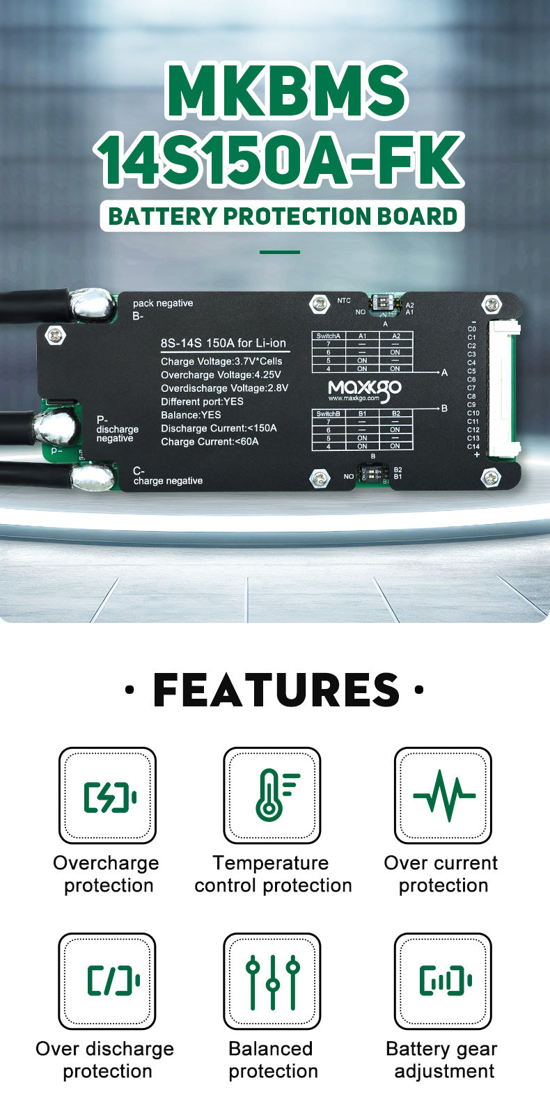 MAXKGO 8S-14S 150A BMS Protection Board Hardware Ternary Polymer Lithium Battery BMS Board