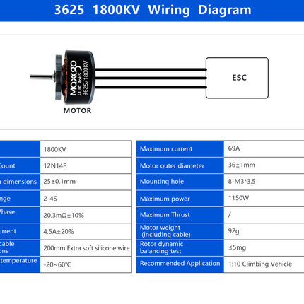 MAXKGO 3625 1800KV Brushless Motor 3 Phase 2～4 S 29300rpm Electric Controller For 1/10 RC Climbing Vehicle Rocky Crawler Vehicle